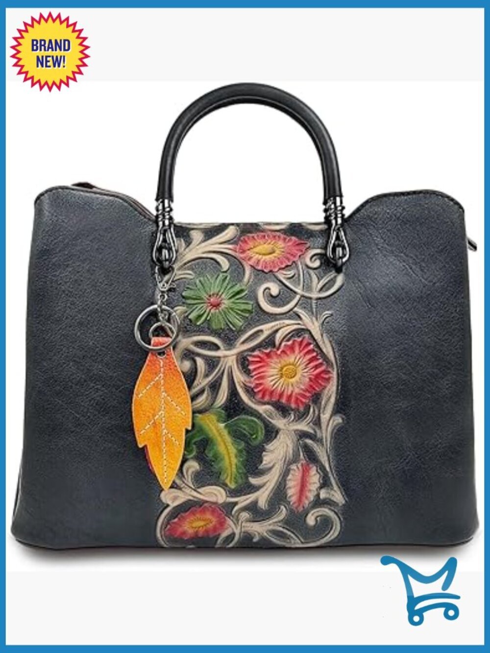 Vintage Genuine Leather Satchel Crossbody Bag with Floral Embossed Design